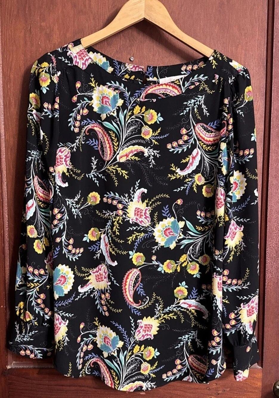 LOFT Womens M Black Floral Paisley Blouse Long Sleeve Boho Colorful Top